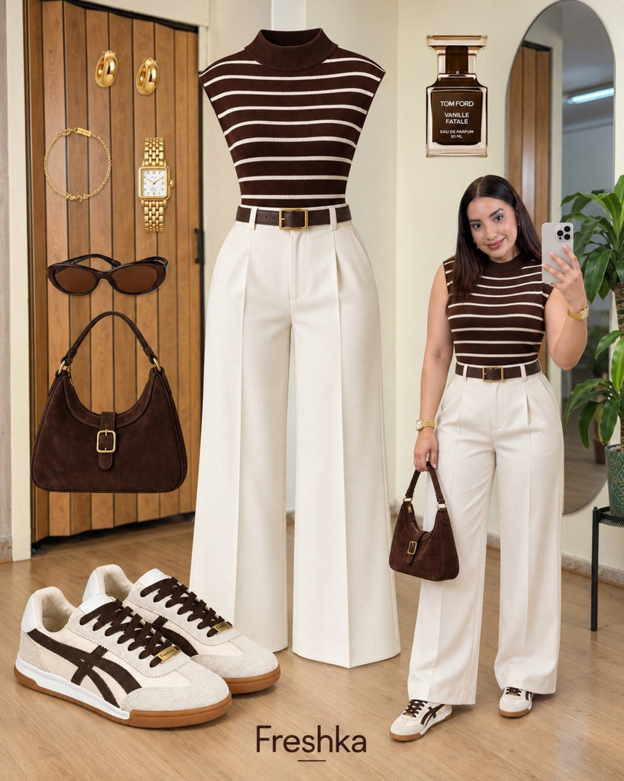Collage de tenis Lux Chocolate con top café a rayas blancas y pantalón blanco amplio.