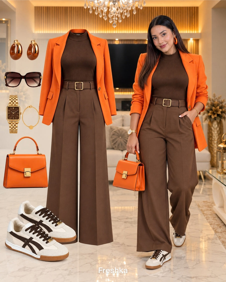Look con tenis Lux Chocolate, blazer naranja y conjunto de top y pantalón chocolate.