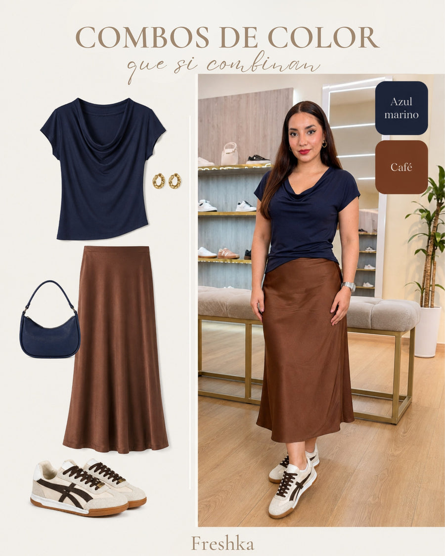 Collage de tenis Lux Chocolate con top azul marino y falda midi satinada café.