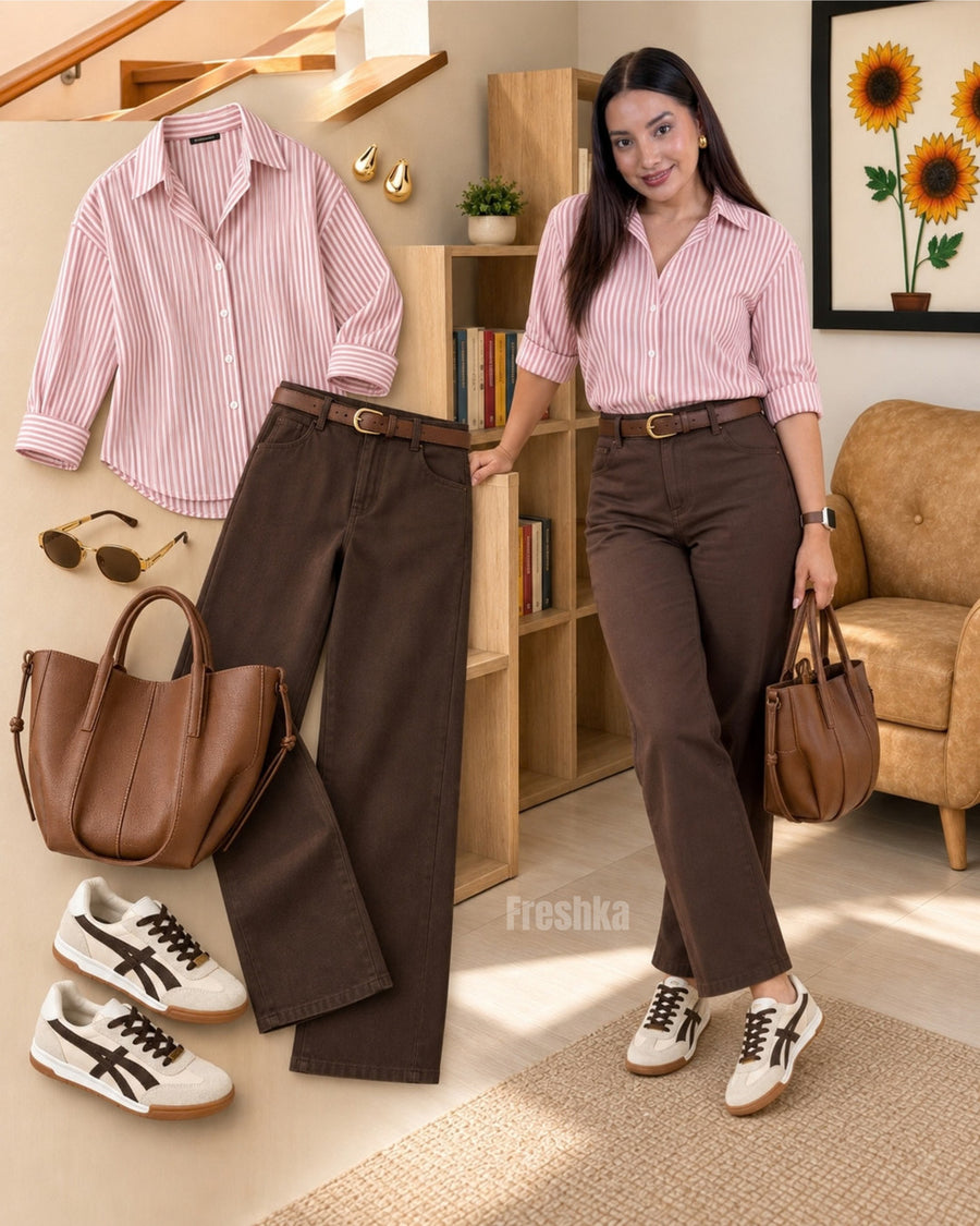 Look con tenis Lux Chocolate, camisa rosa a rayas y pantalón café.