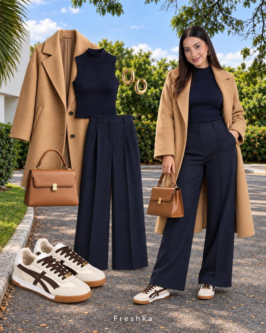 Look de clima fresco con tenis Lux Chocolate, abrigo camel y conjunto azul marino.