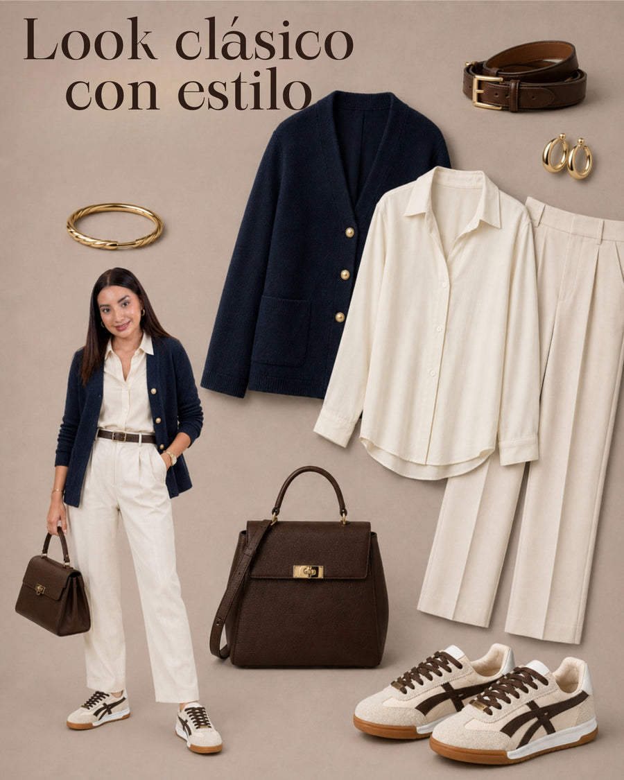 Look clásico con tenis Lux Chocolate, cardigan azul marino, camisa blanca y pantalón crema.