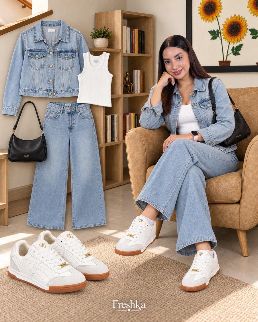 Look con tenis Lux White, chaqueta de jean, top blanco y jeans amplios; modelo sentada y detalles del conjunto.