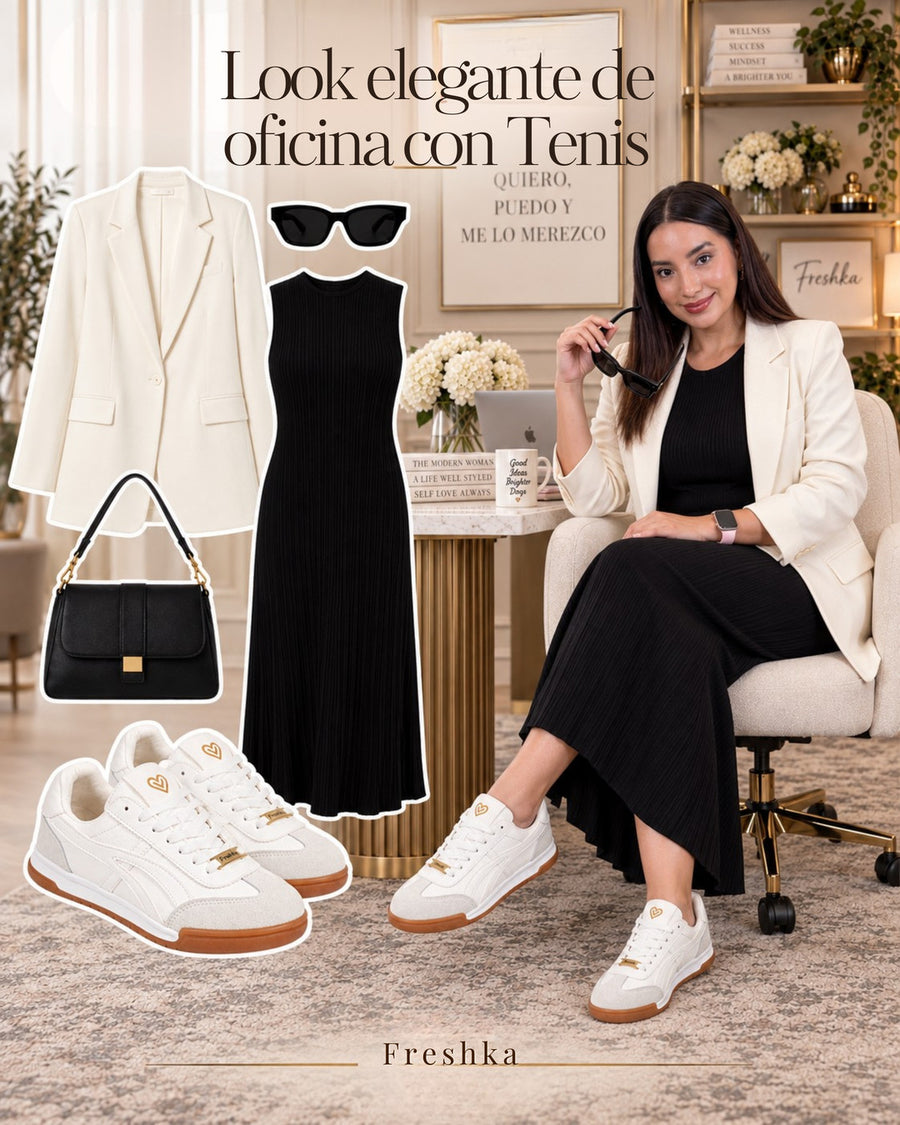 Tenis Lux White con vestido negro y blazer crema, en un look de oficina con modelo sentada.