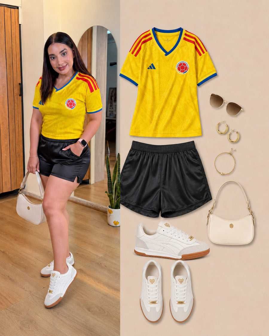 Tenis Lux White con camiseta amarilla de Colombia y shorts negros, junto a vistas del calzado y accesorios.