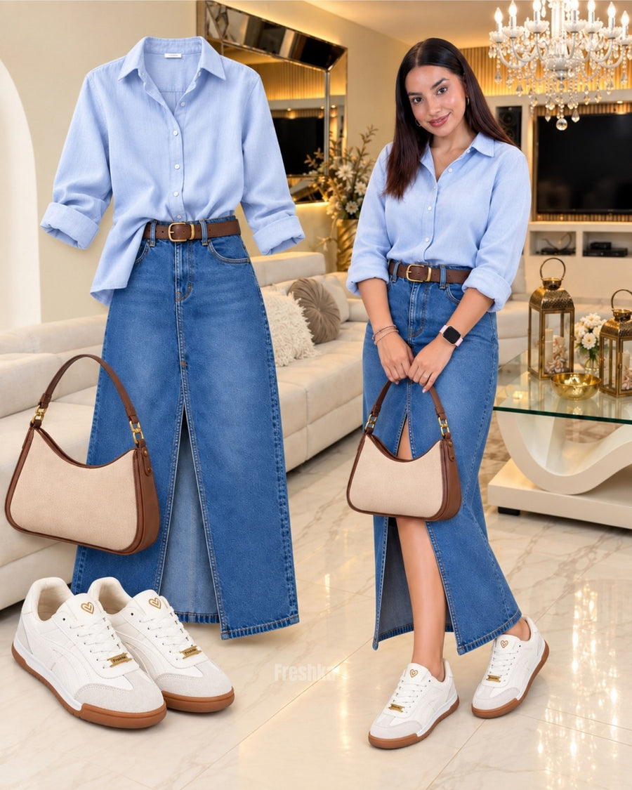 Tenis Lux White con camisa celeste, falda midi de jean con abertura y bolso bicolor.