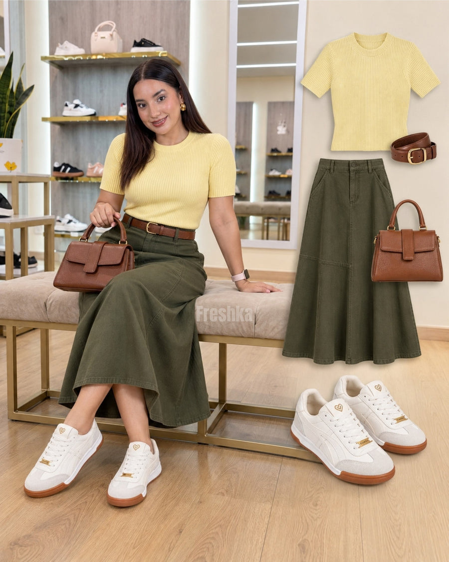 Tenis Lux White con top amarillo, falda midi verde oliva y bolso marrón, en una pose sentada.