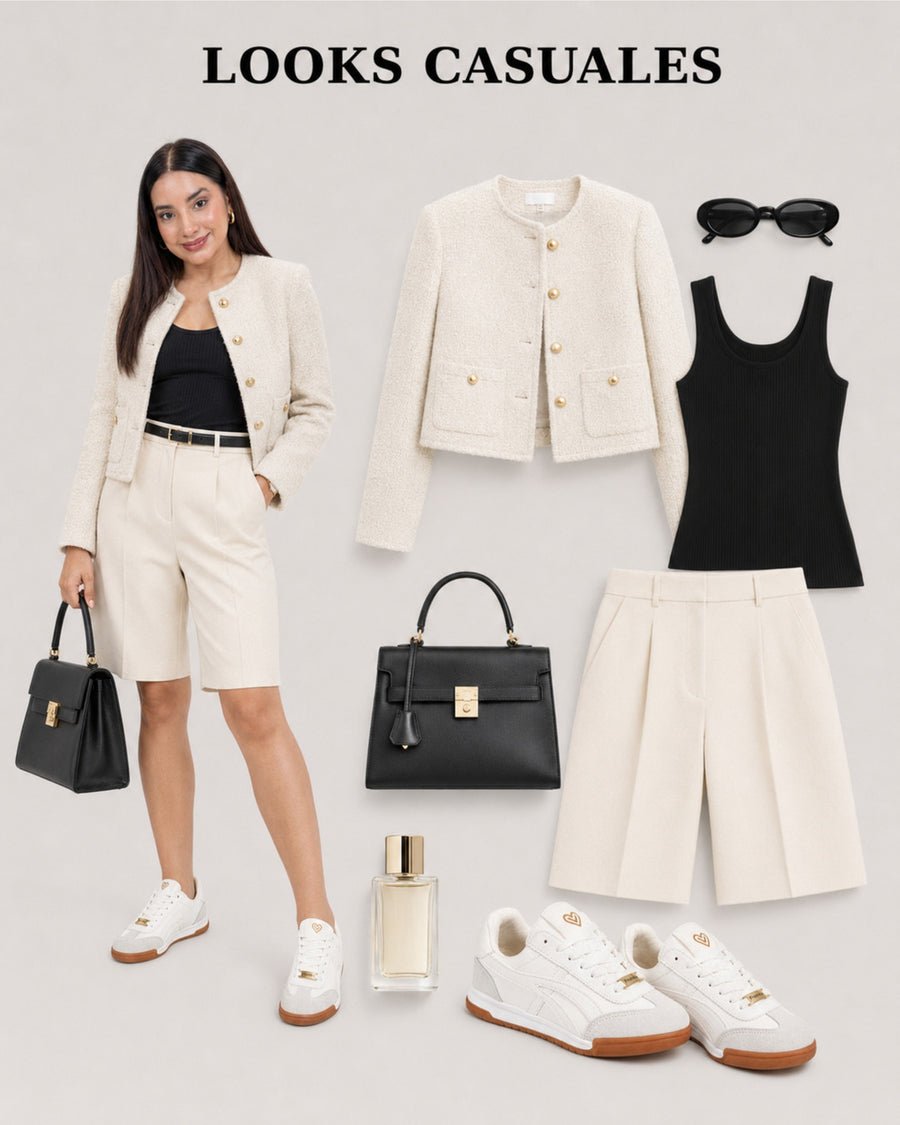 Tenis Lux White con chaqueta crema, top negro y bermudas blancas, junto a accesorios negros.