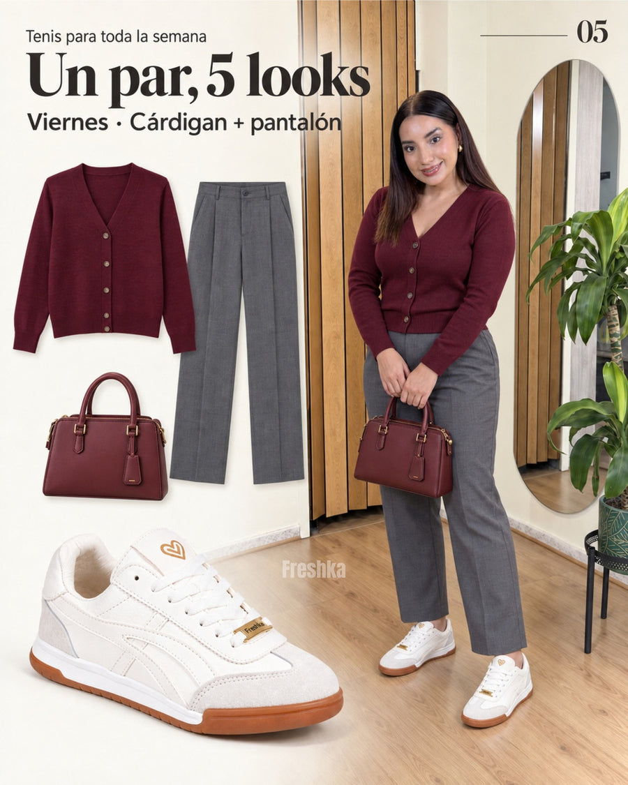Tenis Lux White con cardigan burdeos y pantalón gris al tobillo, junto a un bolso burdeos.