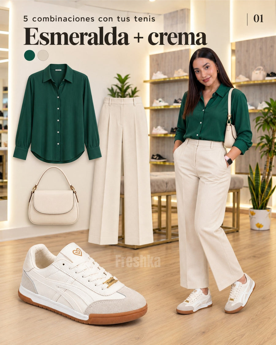 Tenis Lux White con camisa verde esmeralda y pantalón crema amplio, en un look con accesorios claros.
