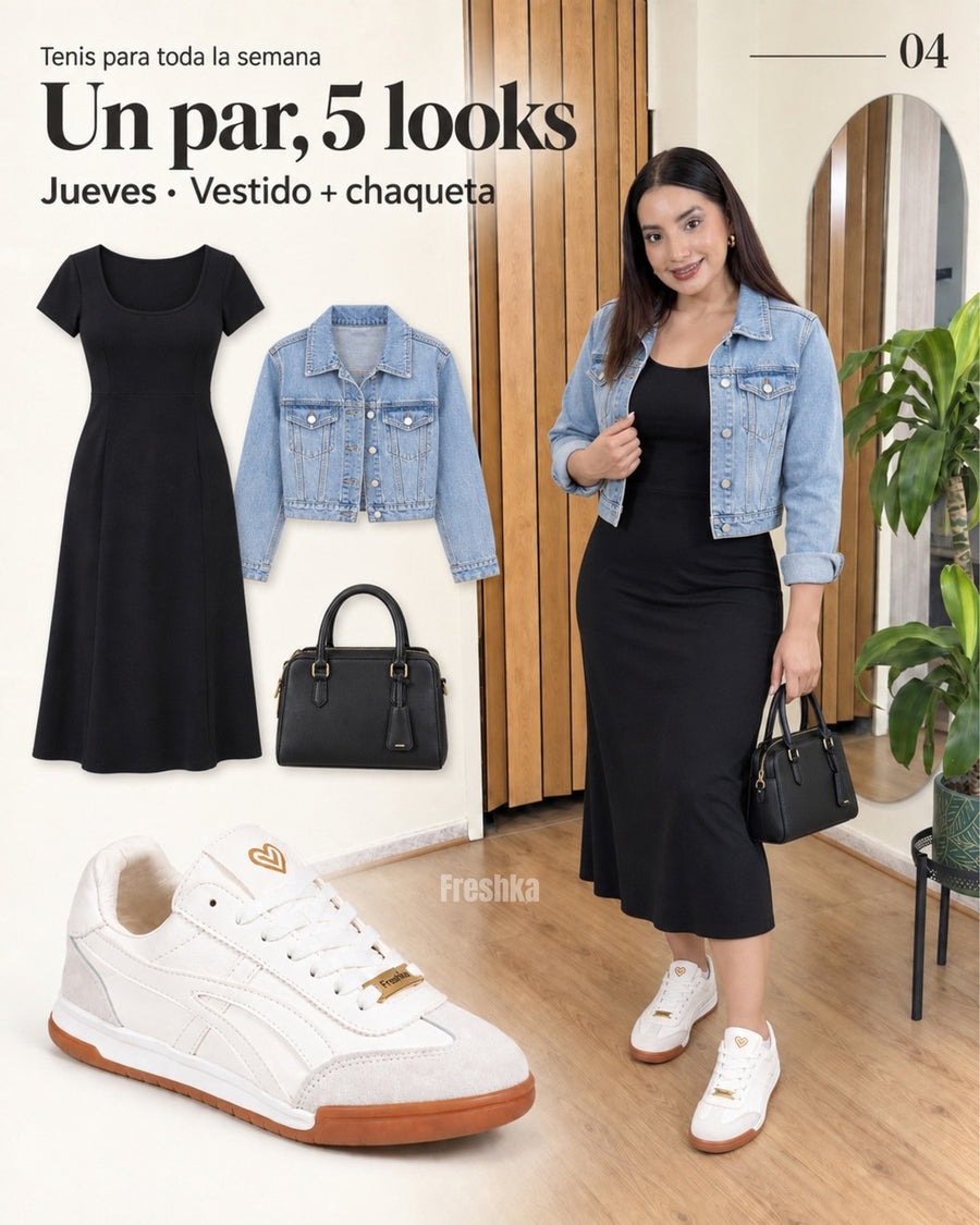 Tenis Lux White combinados con vestido negro y chaqueta de jean, junto a los detalles del look.