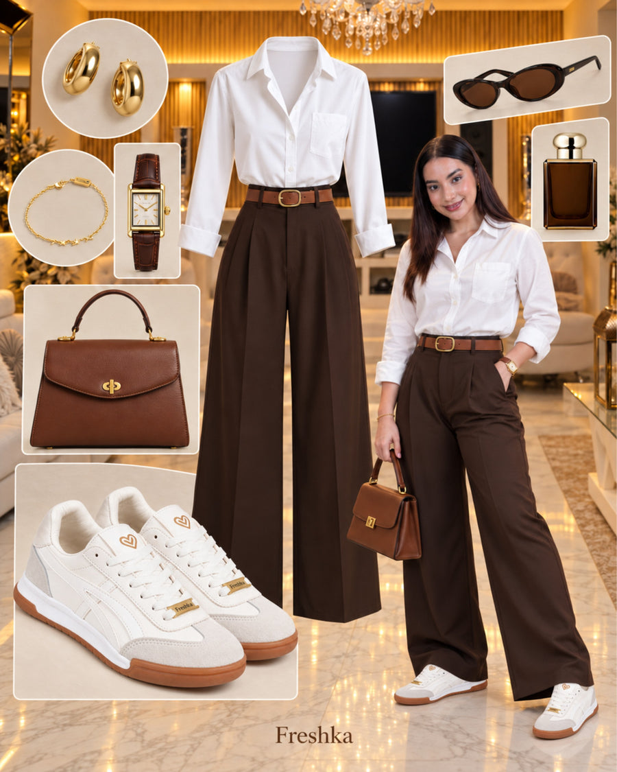 Tenis Lux White con camisa blanca y pantalón chocolate amplio, acompañados de accesorios marrones y dorados.