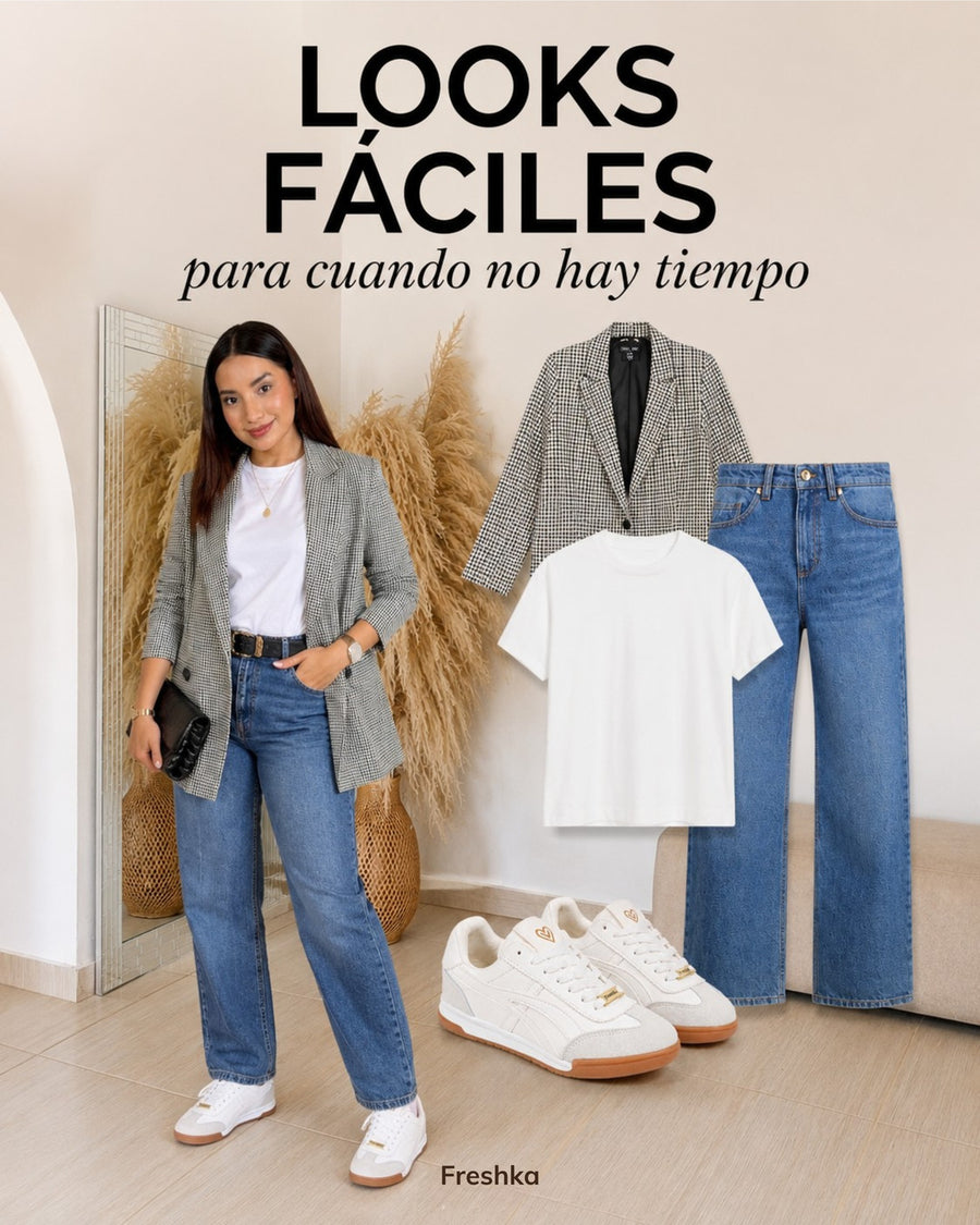 Tenis Lux White con blazer gris de cuadros, camiseta blanca y jeans rectos.