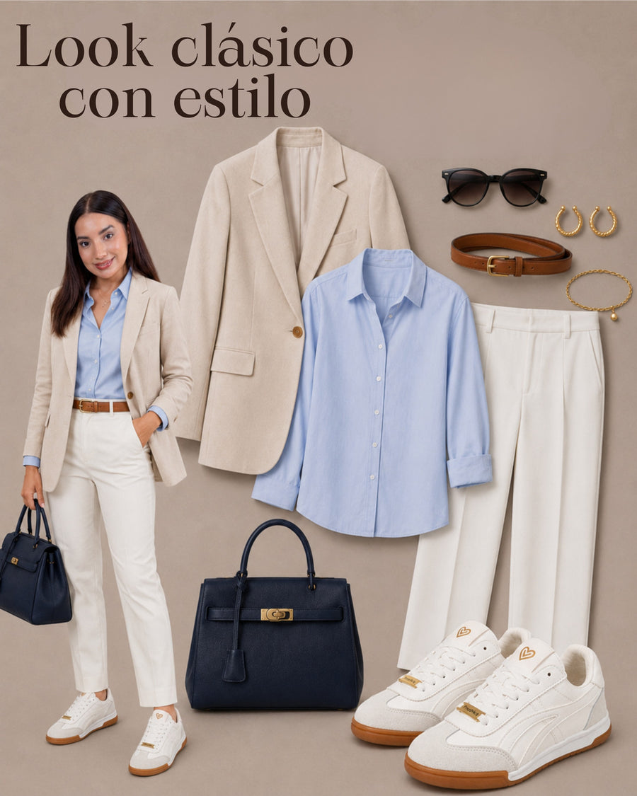 Tenis Lux White con blazer crema, camisa celeste, pantalón claro y bolso azul marino.