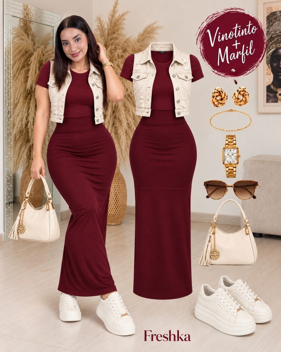 Idea de look con tenis Vainilla: vestido largo burdeos y chaleco corto crema.