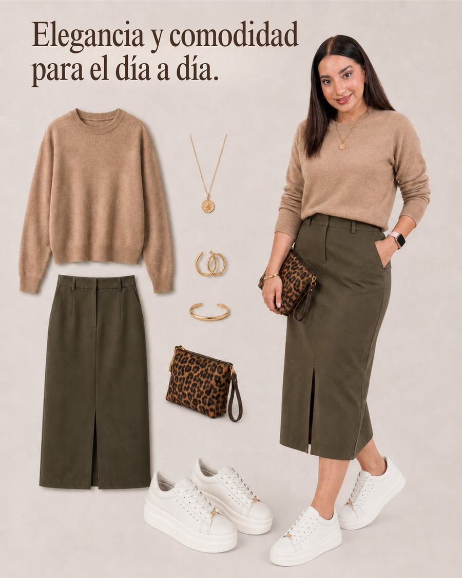 Idea de look con tenis Vainilla: jersey camel y falda midi oliva.