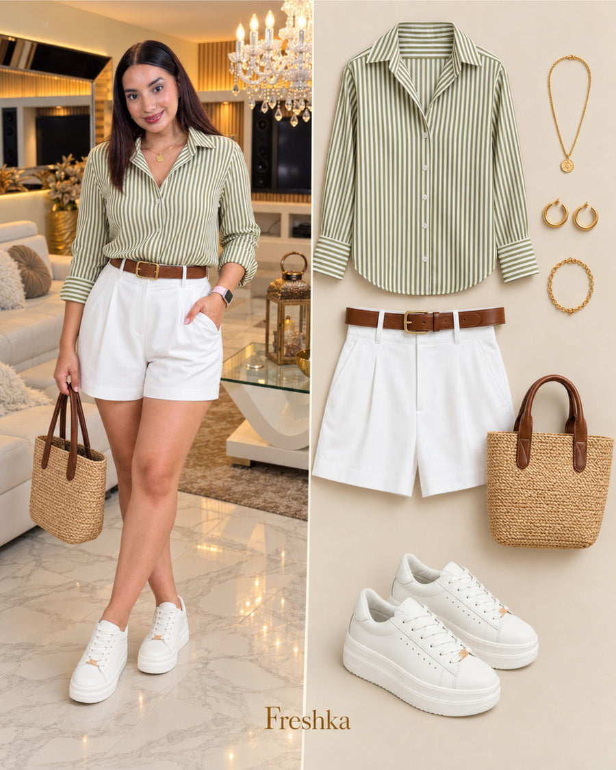 Idea de look con tenis Vainilla: camisa verde a rayas y shorts blancos.