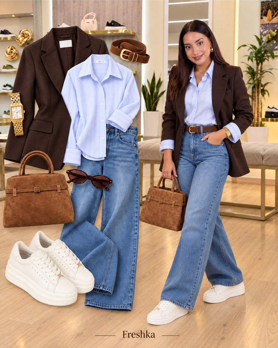 Idea de look con tenis Vainilla: blazer chocolate, camisa celeste y jeans azules.