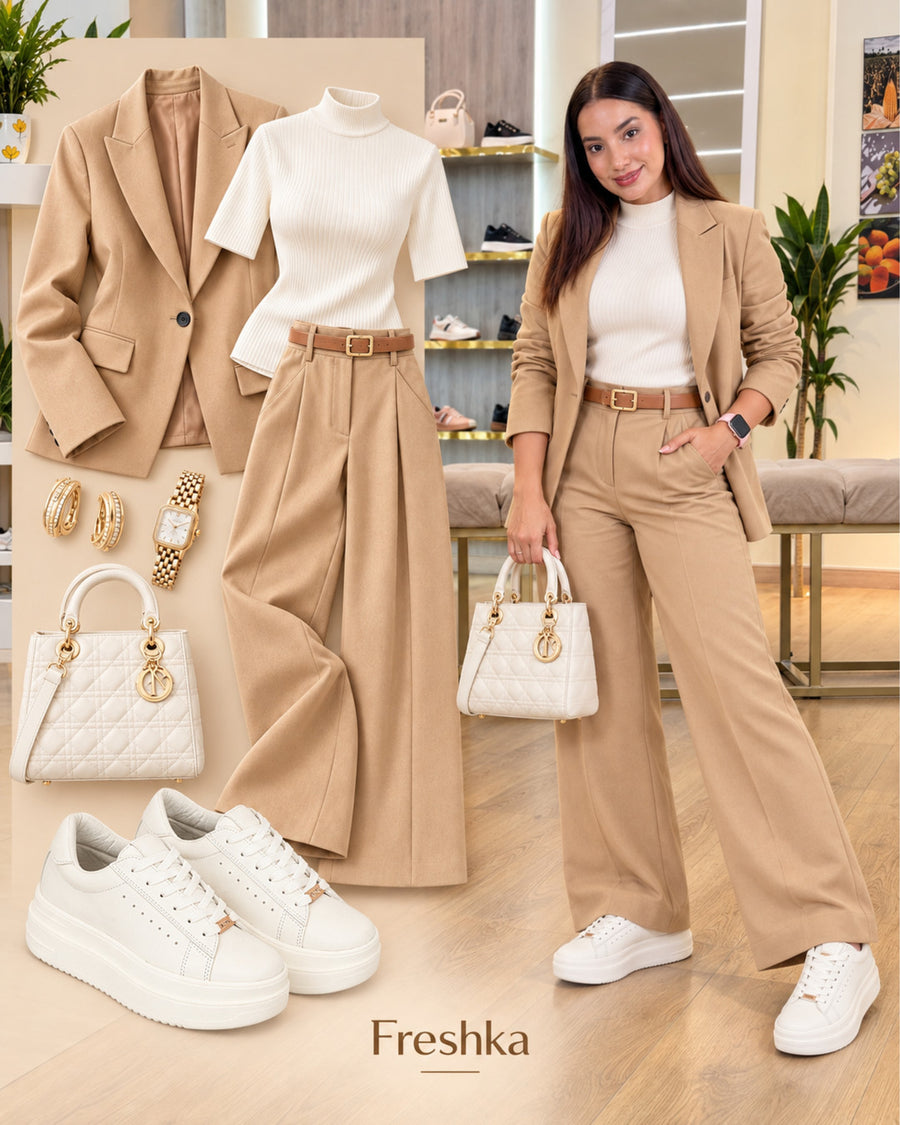 Idea de look con tenis Vainilla: blazer beige, top claro y pantalón beige amplio.