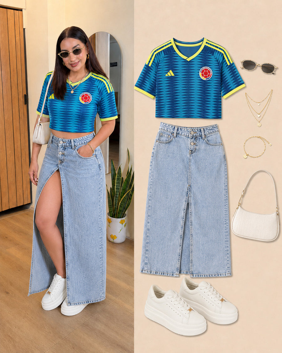 Idea de look con tenis Vainilla: camiseta azul de Colombia y falda larga de jean con abertura.