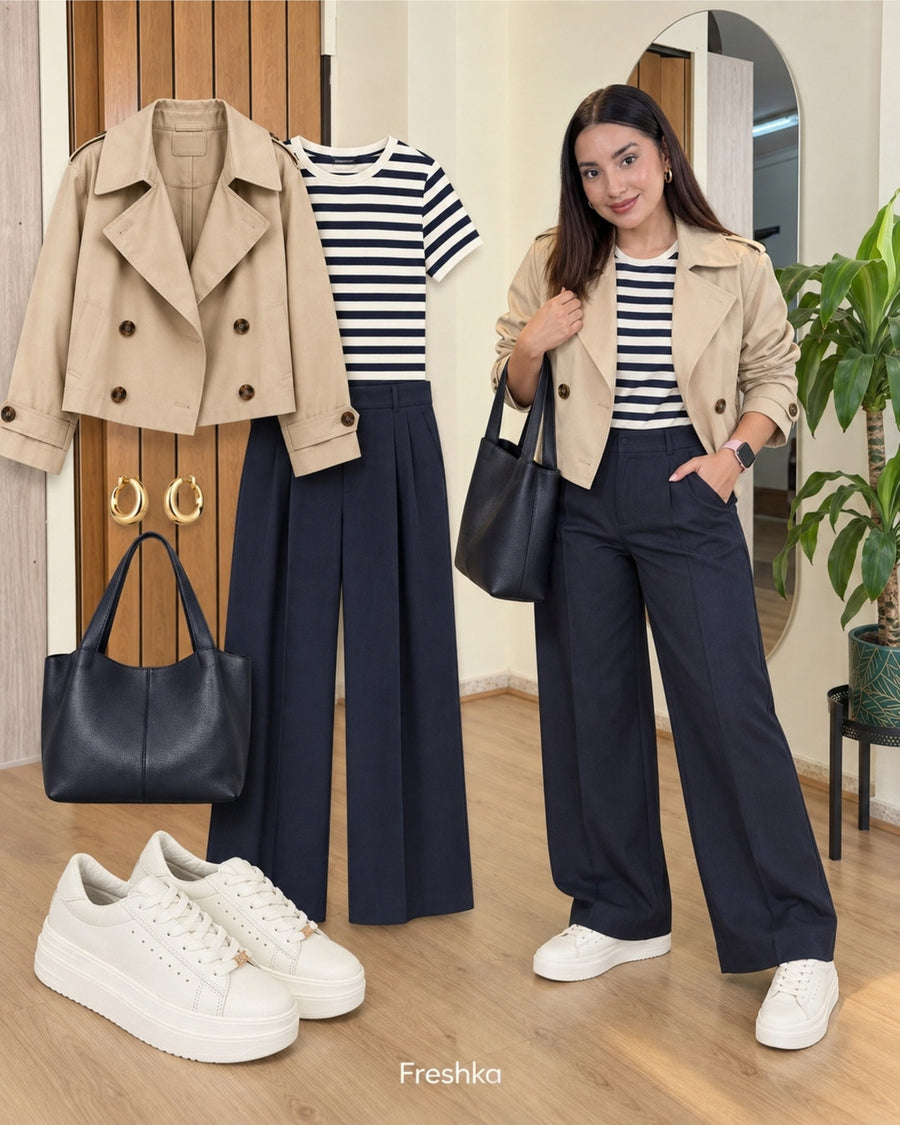 Idea de look con tenis Vainilla: trench corto beige, camiseta de rayas y pantalón navy.