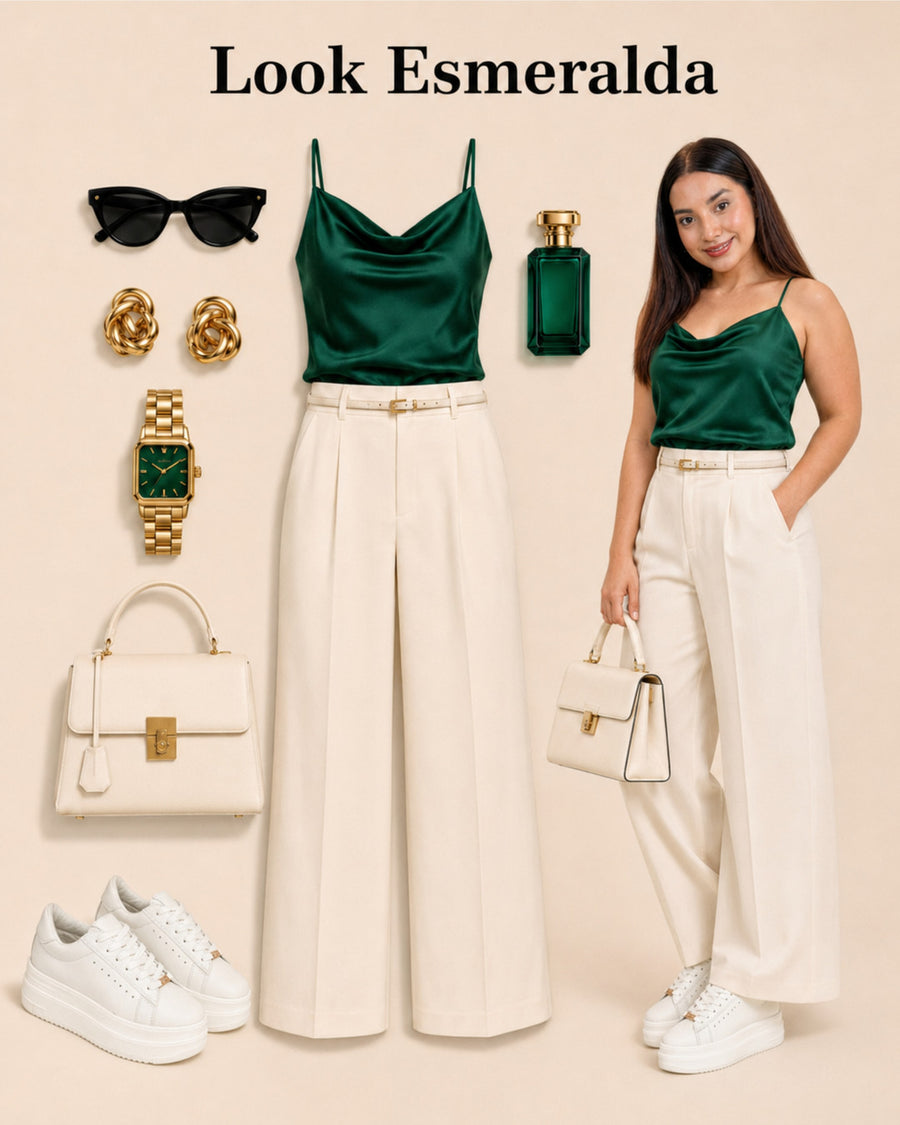 Idea de look con tenis Vainilla: top satinado verde esmeralda y pantalón crema.