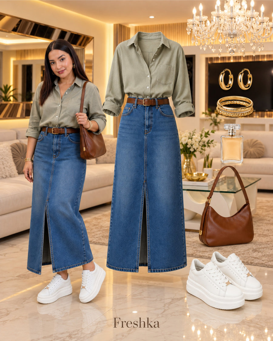 Idea de look con tenis Vainilla: camisa verde salvia y jeans anchos con abertura lateral.