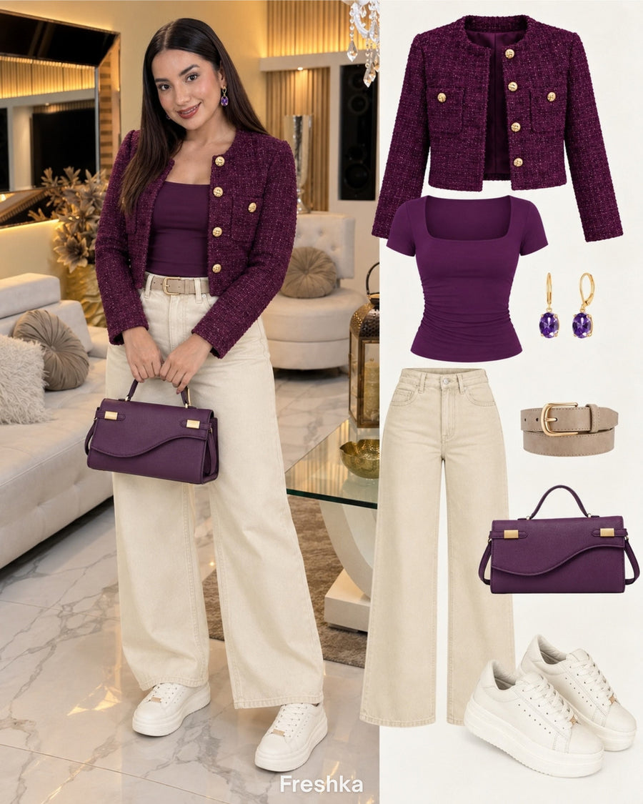 Idea de look con tenis Vainilla: chaqueta tweed ciruela, top a juego y jeans crema.