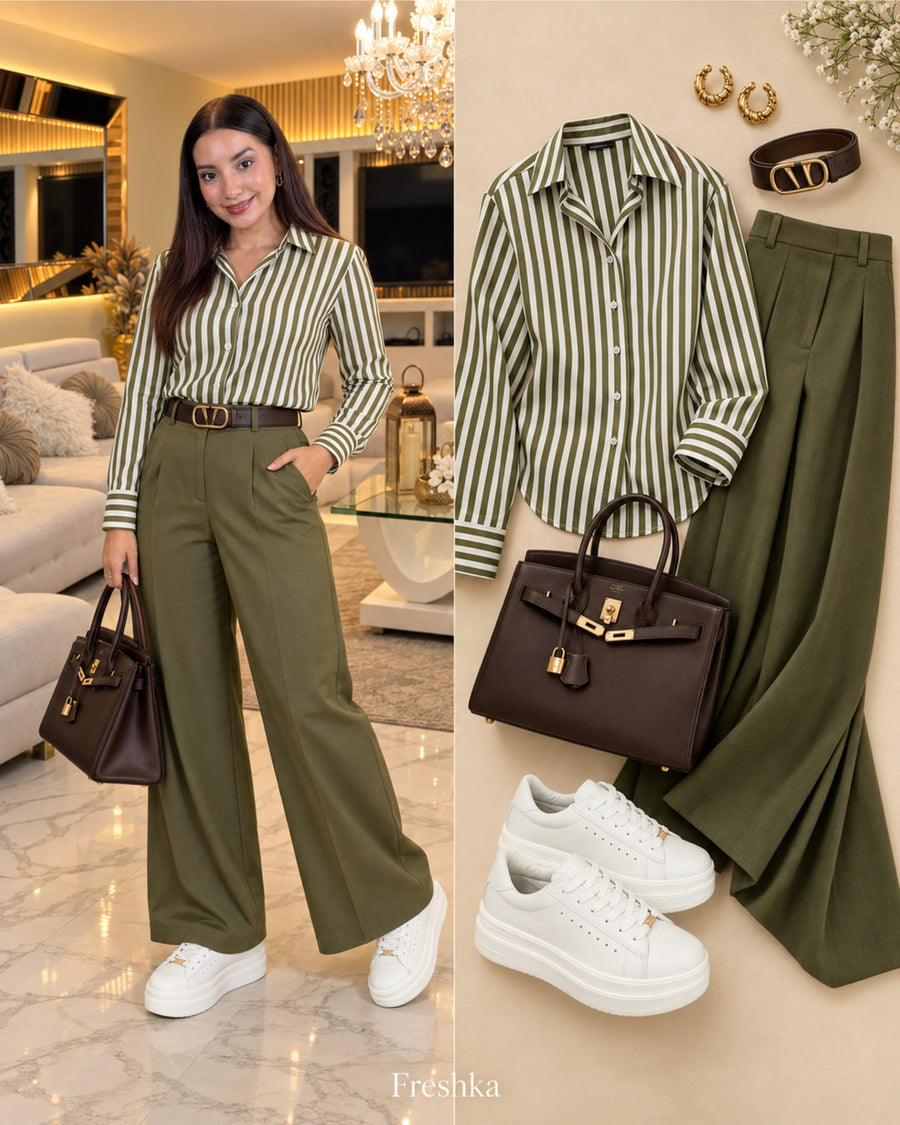 Idea de look con tenis Vainilla: camisa verde a rayas y pantalón oliva ancho.