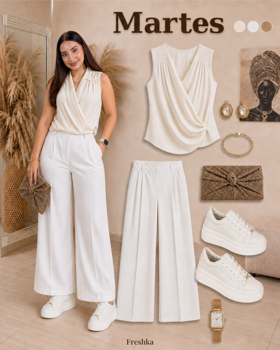 Idea de look con tenis Vainilla: blusa blanca drapeada y pantalón blanco fluido.