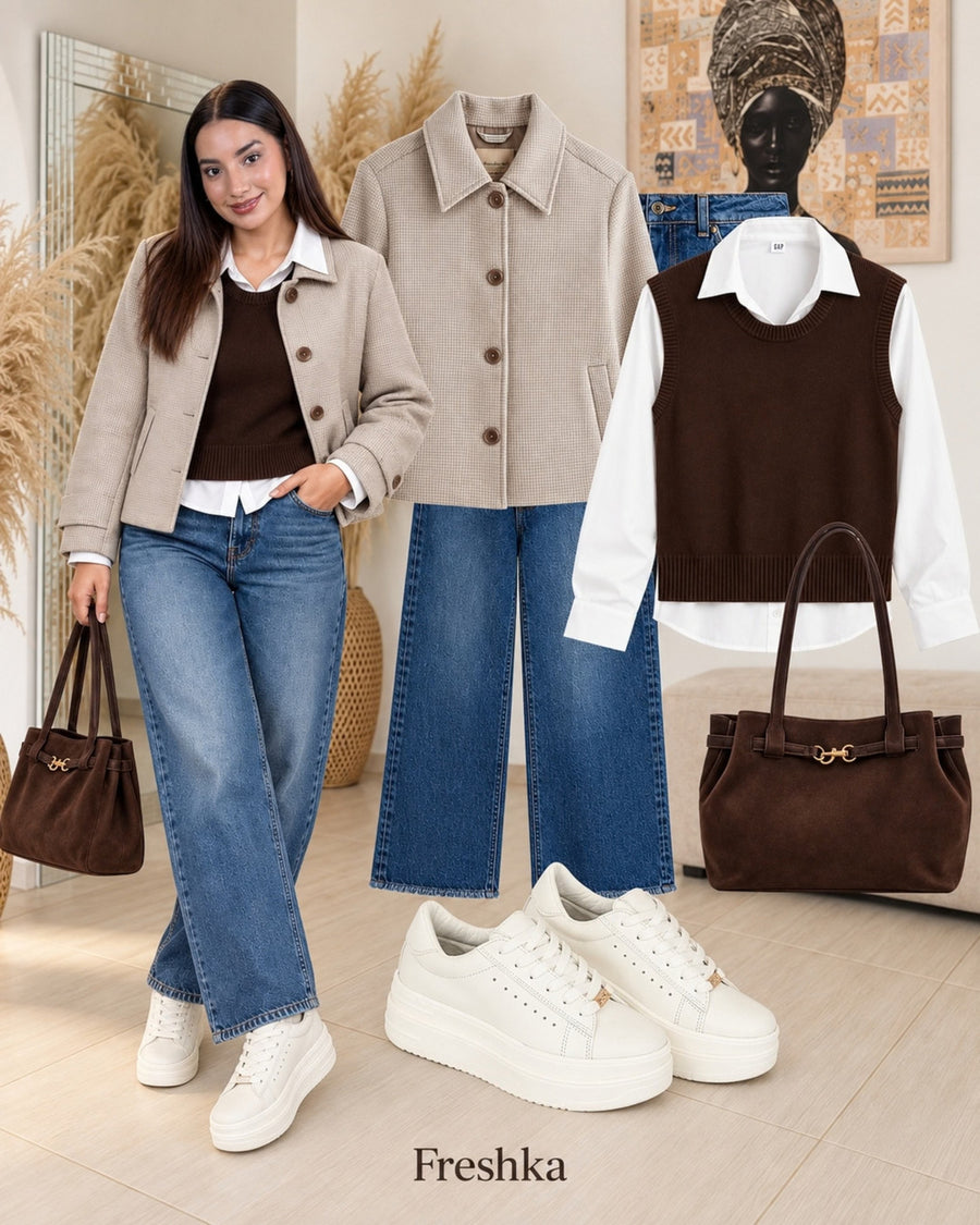 Idea de look con tenis Vainilla: chaqueta gris, chaleco chocolate, camisa blanca y jeans.