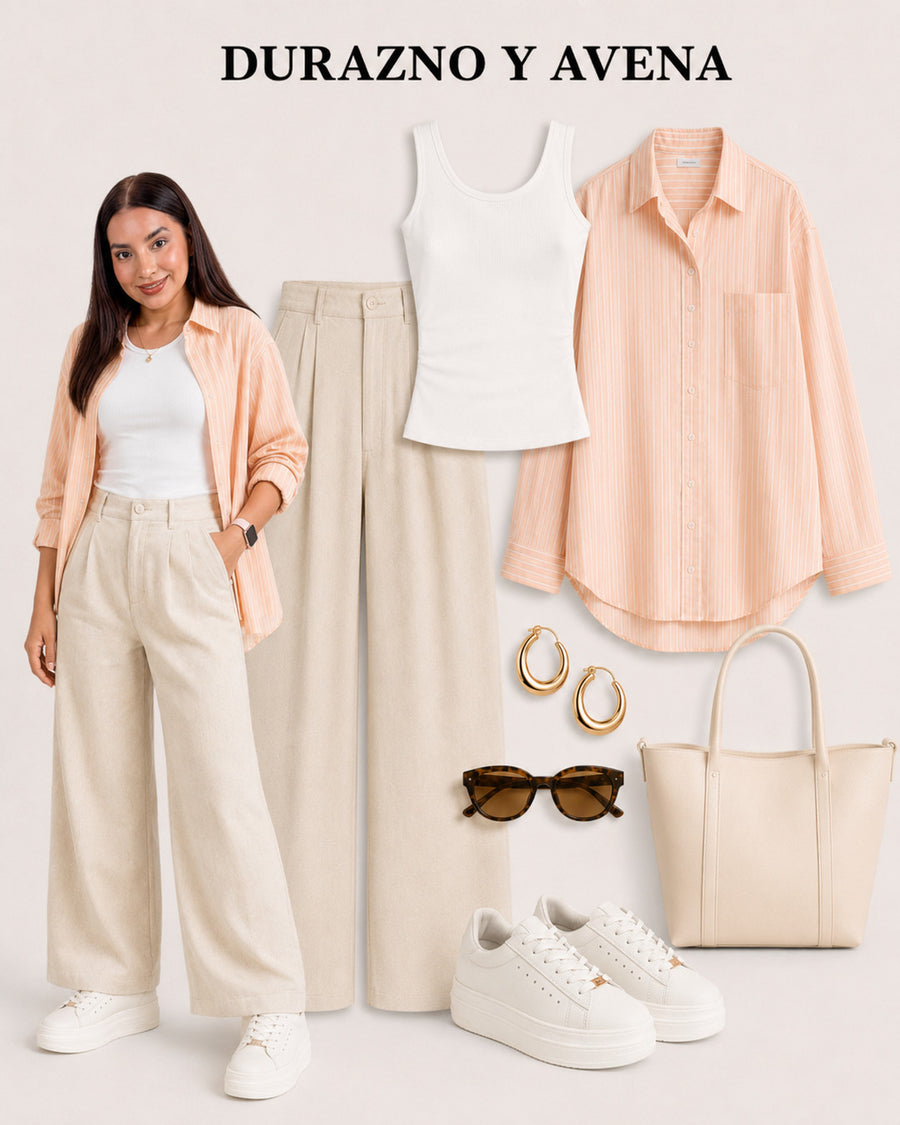 Idea de look con tenis Vainilla: camisa durazno abierta, top blanco y pantalón avena.